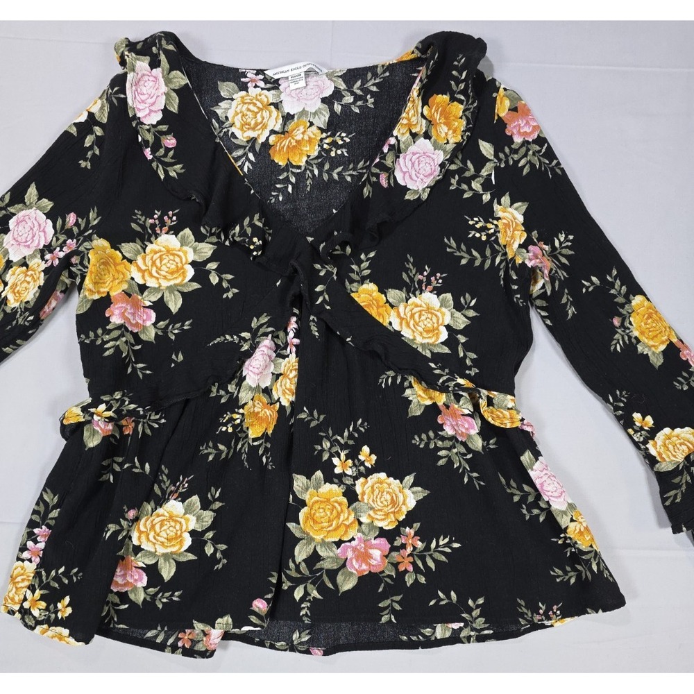 American Eagle Black Floral Ruffle Wrap Blouse Peplum Top Medium